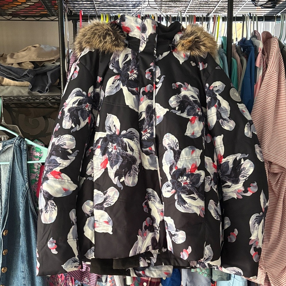 Floral Black Puffer Jacket with Faux Fur Hood